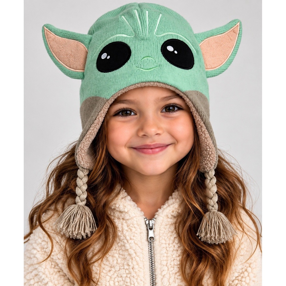 Disney Star Wars Kids Baby Yoda Grogu Knit Beanie Hat Green Ear Flap Fleece